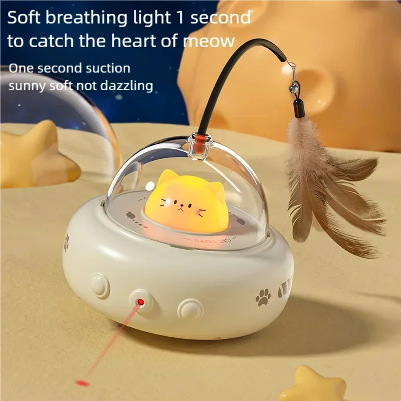 Electric UFO Cat Toy with Bell and Replaceable Feather