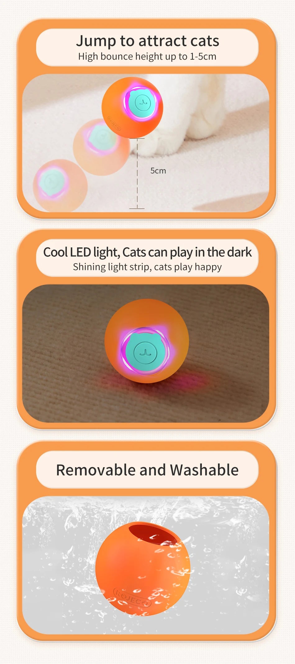 ROJECO Automatic Bouncing Ball Cat Toy with LED Lights