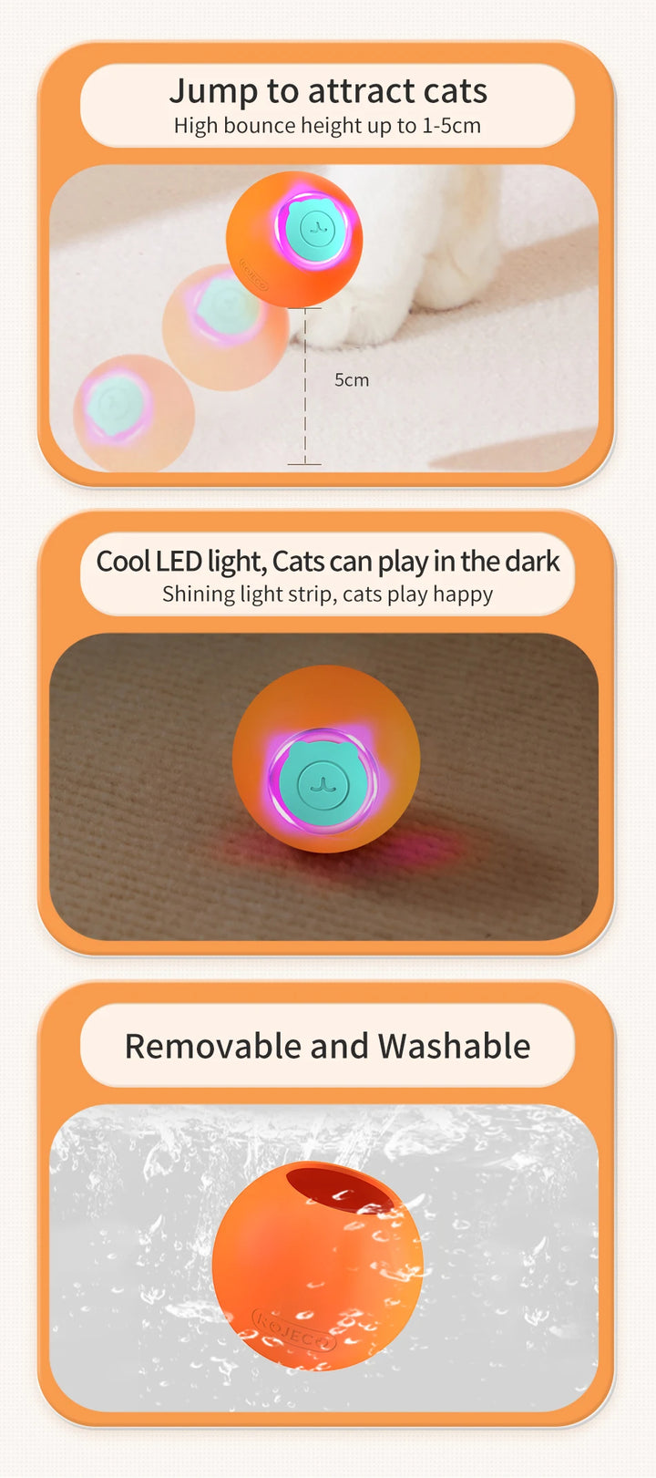 ROJECO Automatic Bouncing Ball Cat Toy with LED Lights
