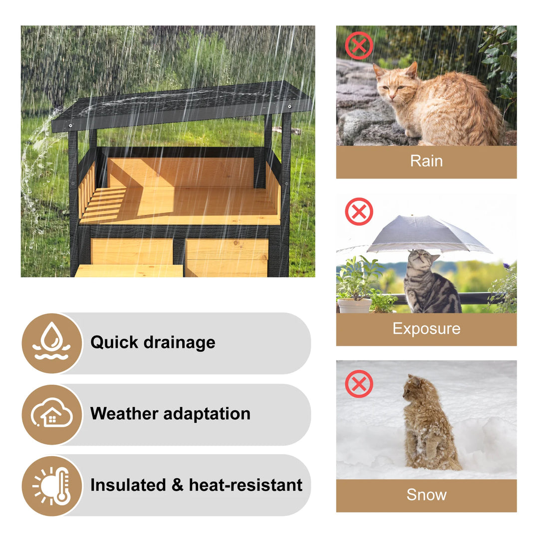 23.6-Inch Wooden Cat House with Balcony and Escape Door