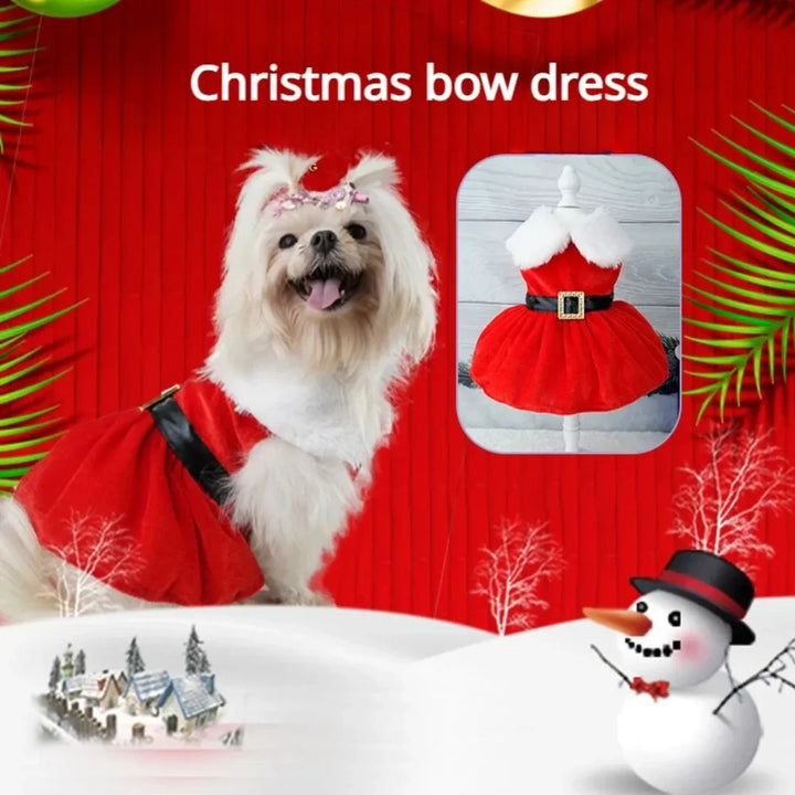 Christmas Pet Dress – Warm Red Holiday Outfit with Bow for Cats & Small Dogs