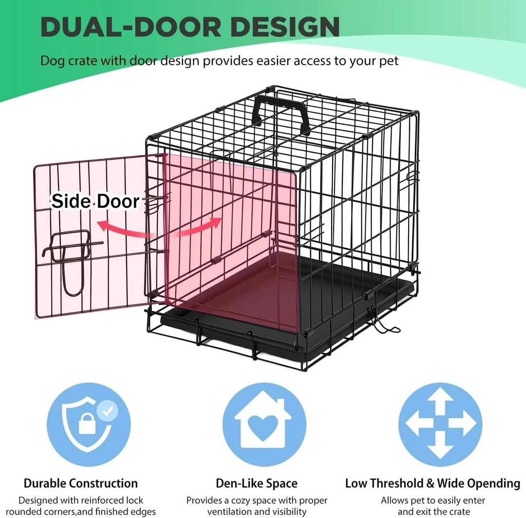 Folding Metal Dog Crate with Double Doors and Tray
