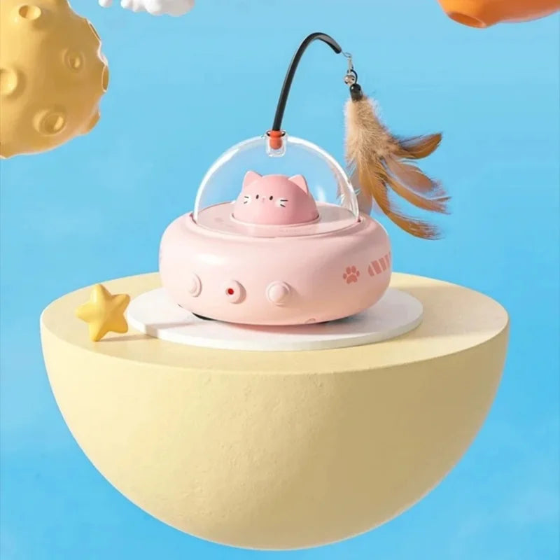 Electric UFO Cat Toy with Bell and Replaceable Feather