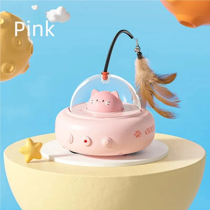 Electric UFO Cat Toy with Bell and Replaceable Feather