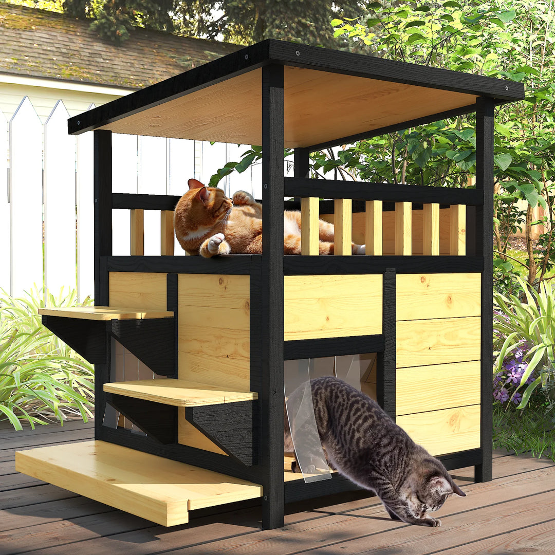 23.6-Inch Wooden Cat House with Balcony and Escape Door