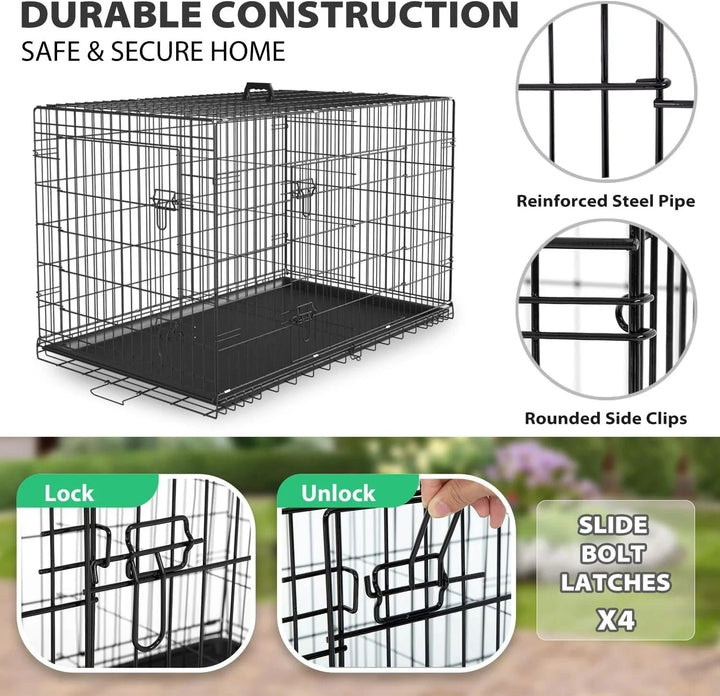 Folding Metal Dog Crate with Double Doors and Tray