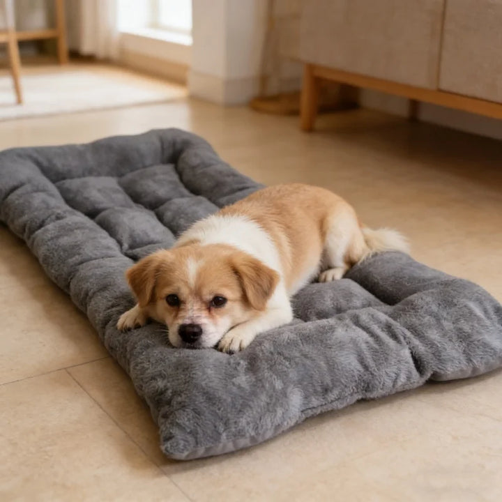 Soft Gray Plush Dog Sofa Bed Mat for Crates and Travel