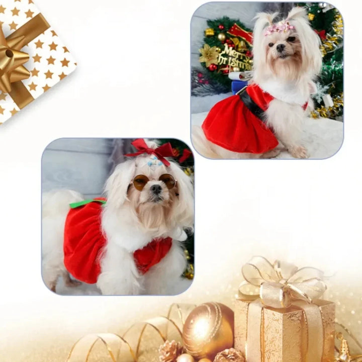 Christmas Pet Dress – Warm Red Holiday Outfit with Bow for Cats & Small Dogs