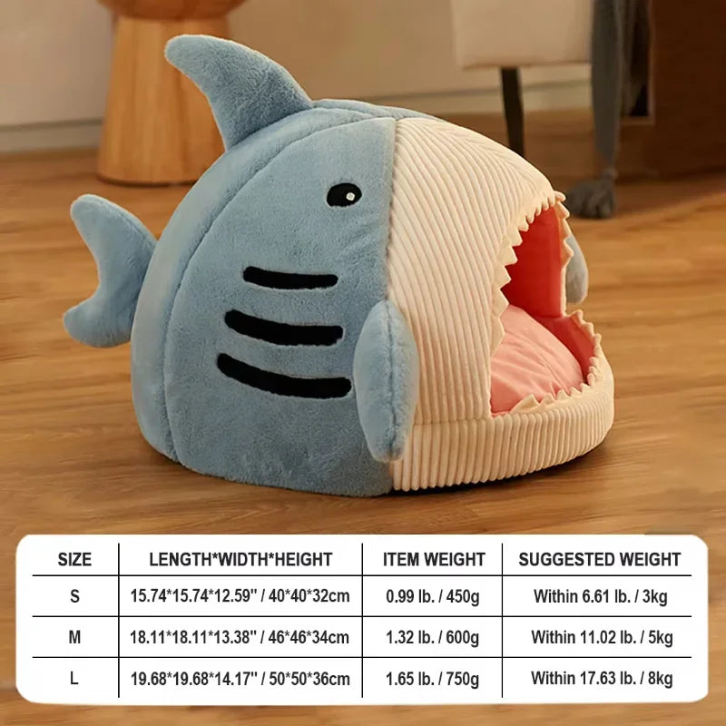 Cartoon Shark Cat Cave Bed – Warm Pet Tent with Cushion for Kittens & Small Dogs