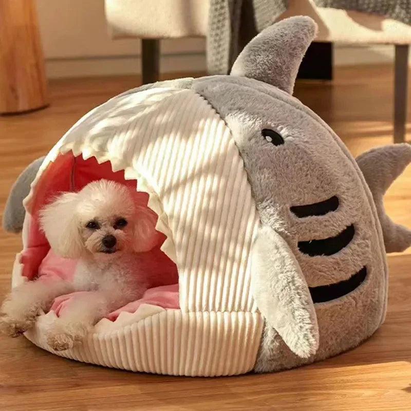 Cartoon Shark Cat Cave Bed – Warm Pet Tent with Cushion for Kittens & Small Dogs