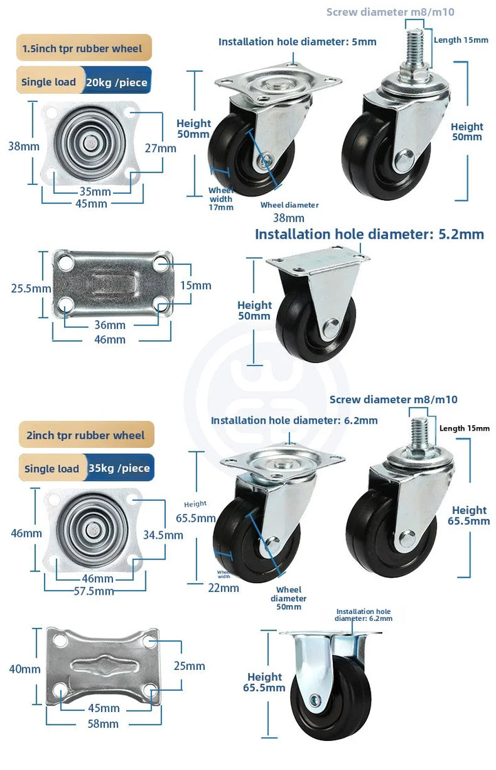 2 Pack Rubber Furniture Casters with Brake, 1.5–2 Inch