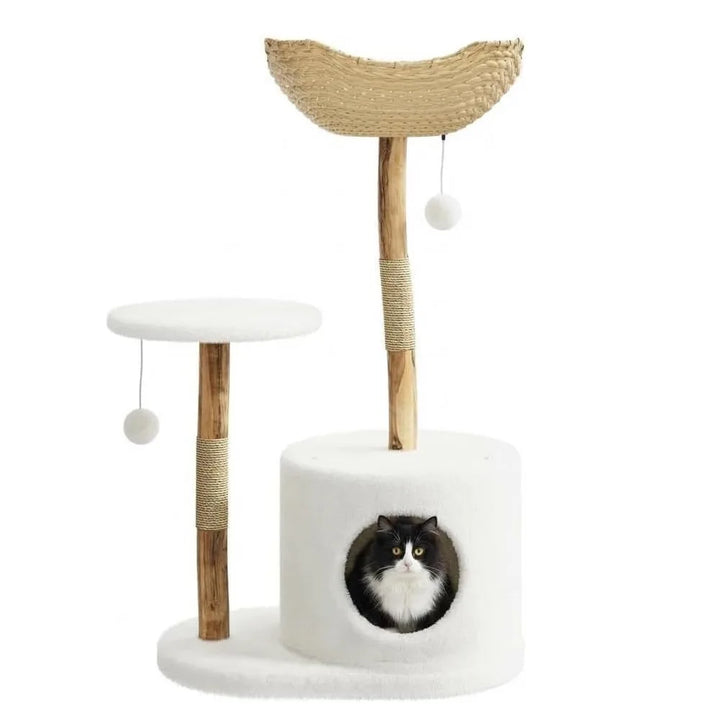 43 Inch Wooden Cat Tree Tower with Rattan Cat Perches