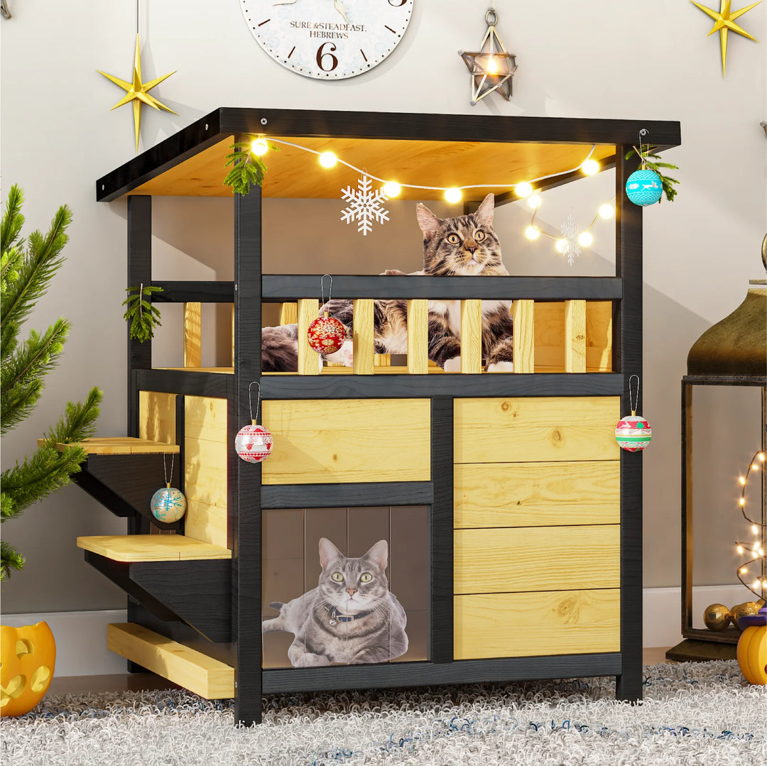 23.6-Inch Wooden Cat House with Balcony and Escape Door