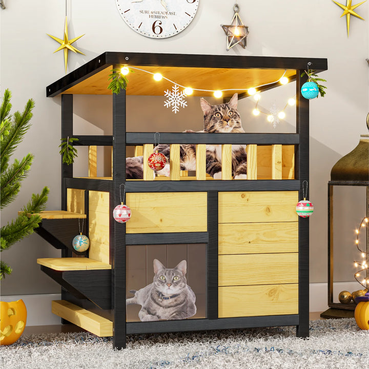 23.6-Inch Wooden Cat House with Balcony and Escape Door