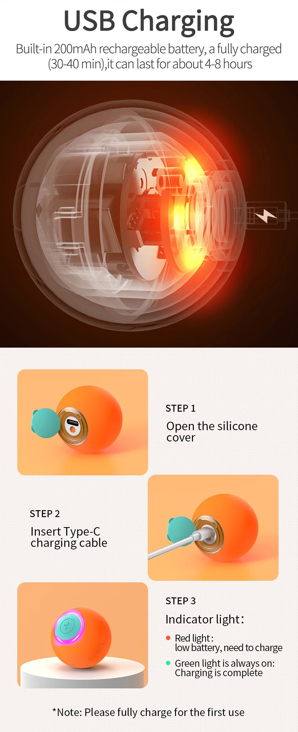 ROJECO Automatic Bouncing Ball Cat Toy with LED Lights