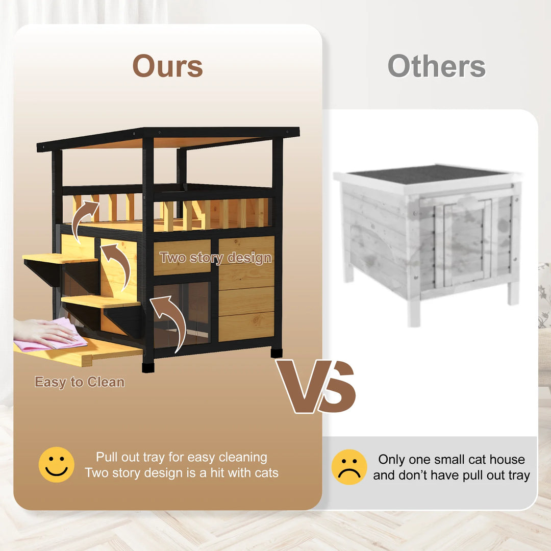 23.6-Inch Wooden Cat House with Balcony and Escape Door