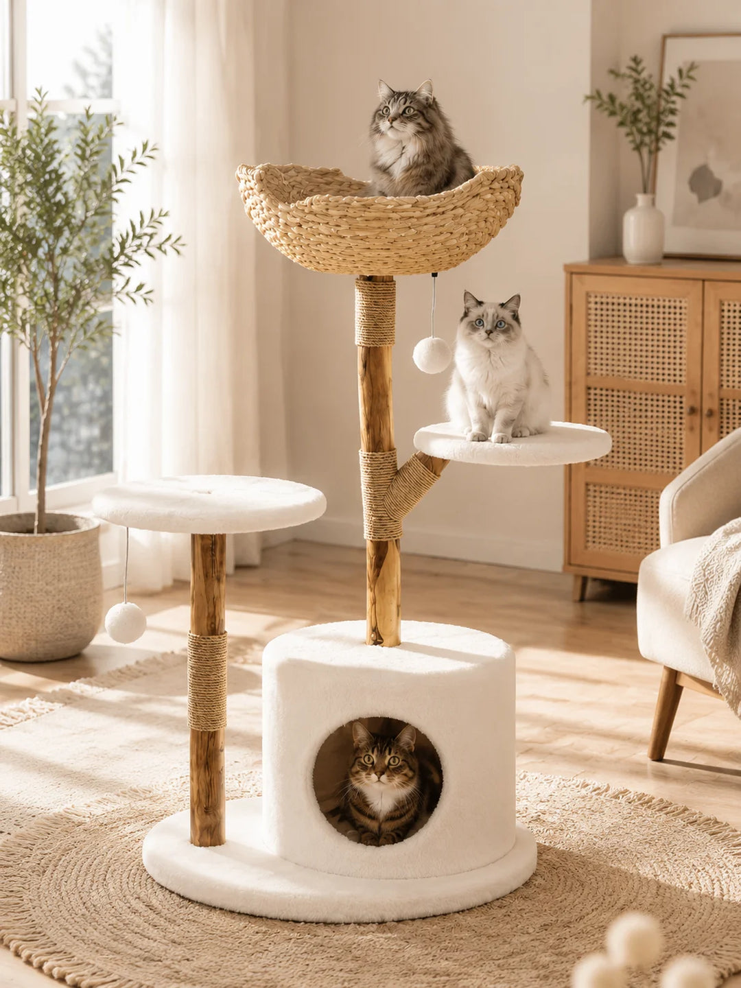 43 Inch Wooden Cat Tree Tower with Rattan Cat Perches