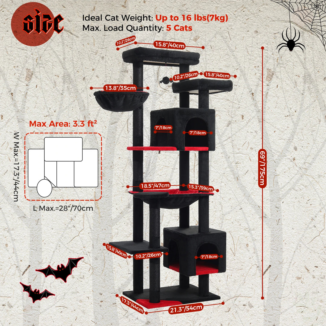 Tall Cat Tree Tower for Indoor Cats – Multi-Level Climbing Condo with Extra-Large Hammock & Scratching Posts | Sturdy Cat Furniture, Black