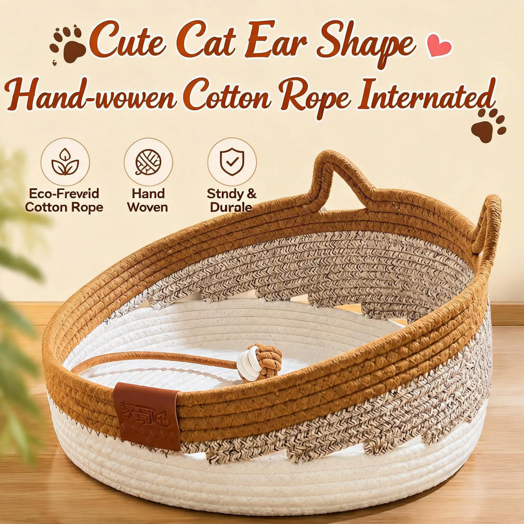 Cotton Rope Cat Bed with Removable Cushion and Teaser Ball