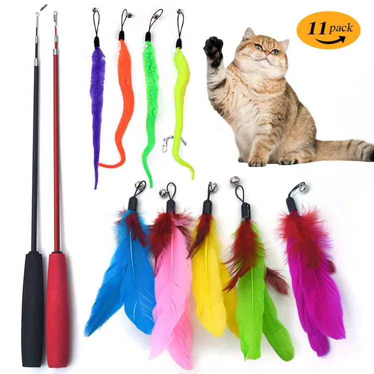 11-Piece Interactive Cat Feather Teaser Wand Toy Set