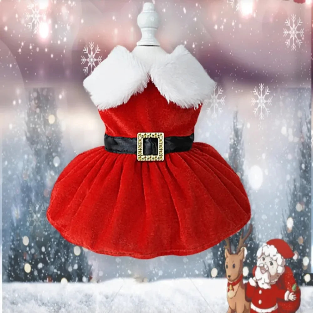 Christmas Pet Dress – Warm Red Holiday Outfit with Bow for Cats & Small Dogs