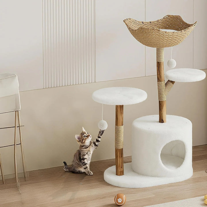 43 Inch Wooden Cat Tree Tower with Rattan Cat Perches