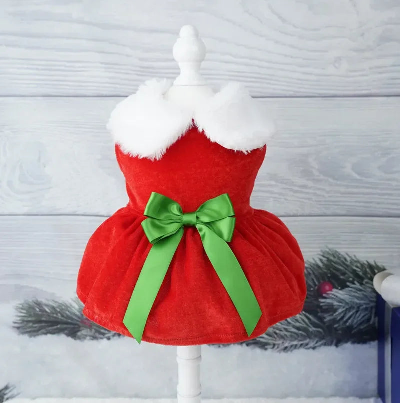 Christmas Pet Dress – Warm Red Holiday Outfit with Bow for Cats & Small Dogs