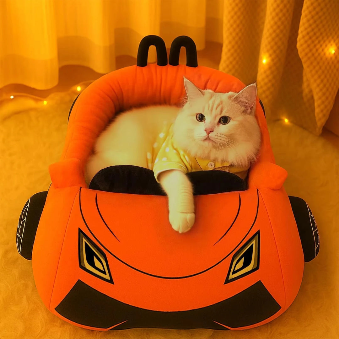 Orange Supercar Cat Bed with Pillow for Cats and Puppies