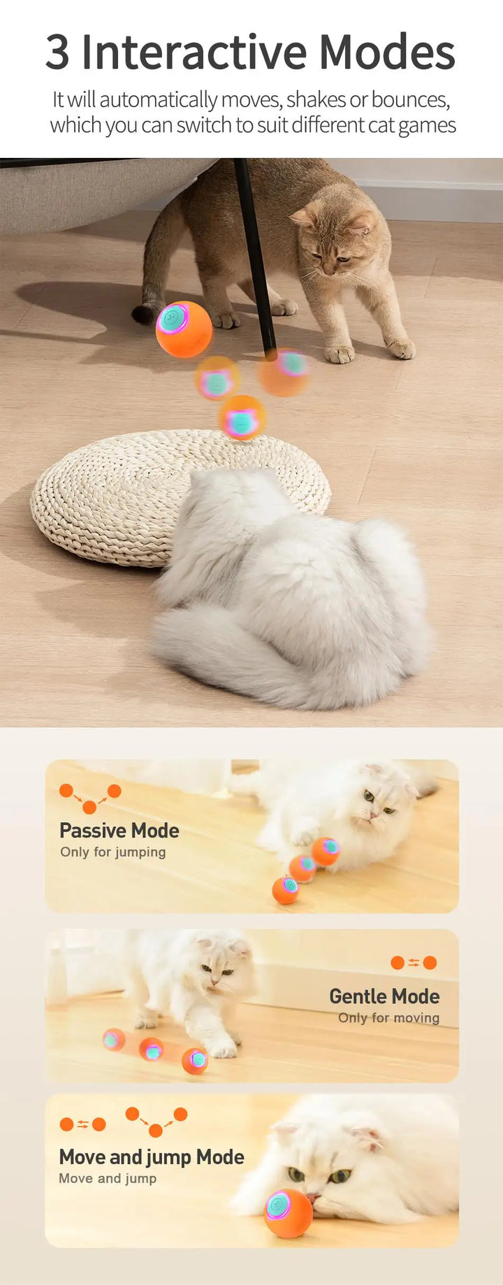ROJECO Automatic Bouncing Ball Cat Toy with LED Lights
