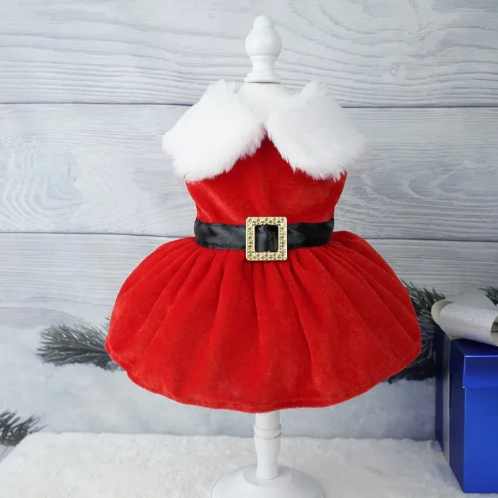 Christmas Pet Dress – Warm Red Holiday Outfit with Bow for Cats & Small Dogs