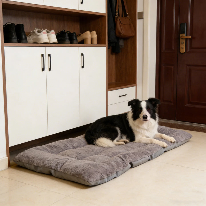 Soft Gray Plush Dog Sofa Bed Mat for Crates and Travel
