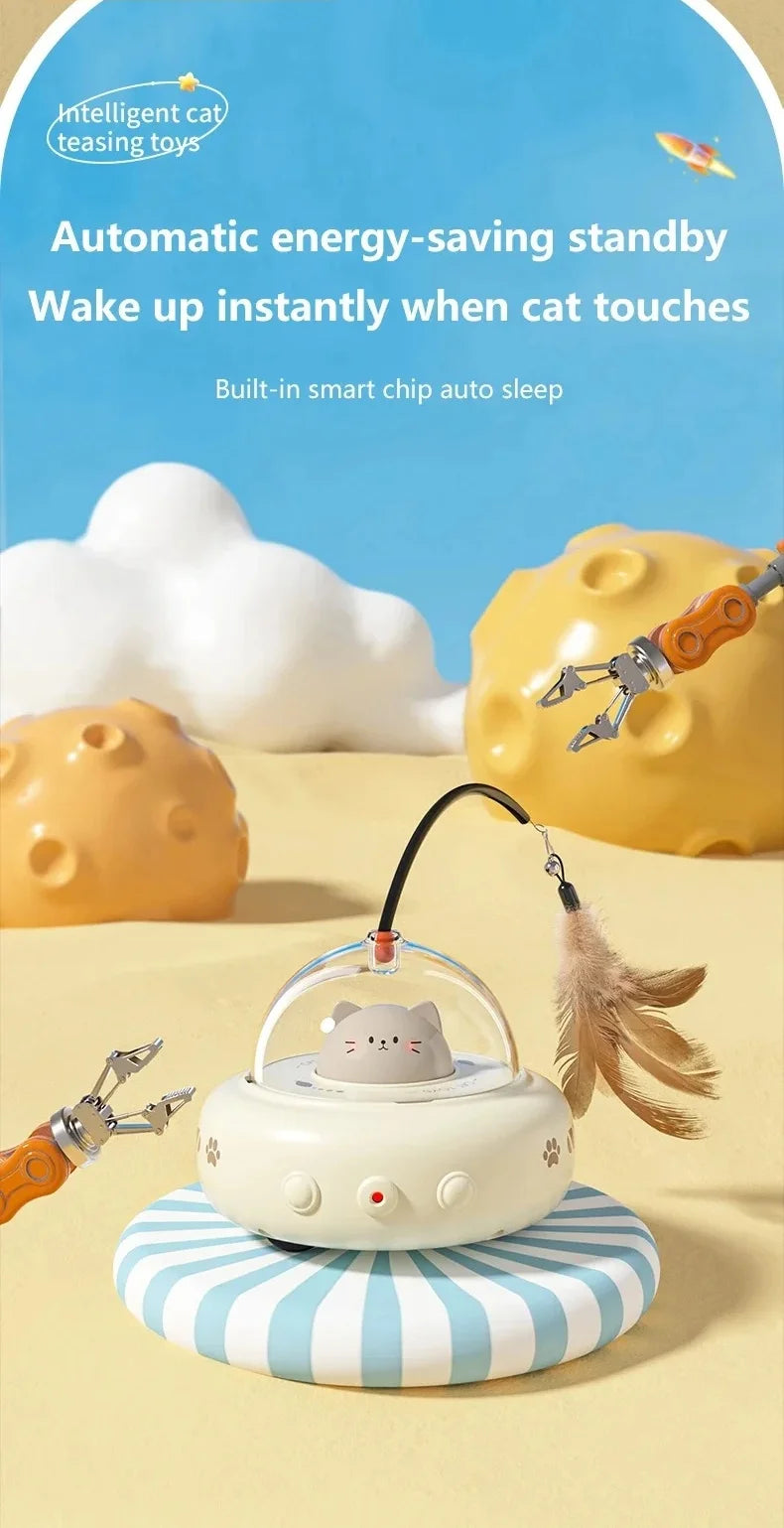 Electric UFO Cat Toy with Bell and Replaceable Feather