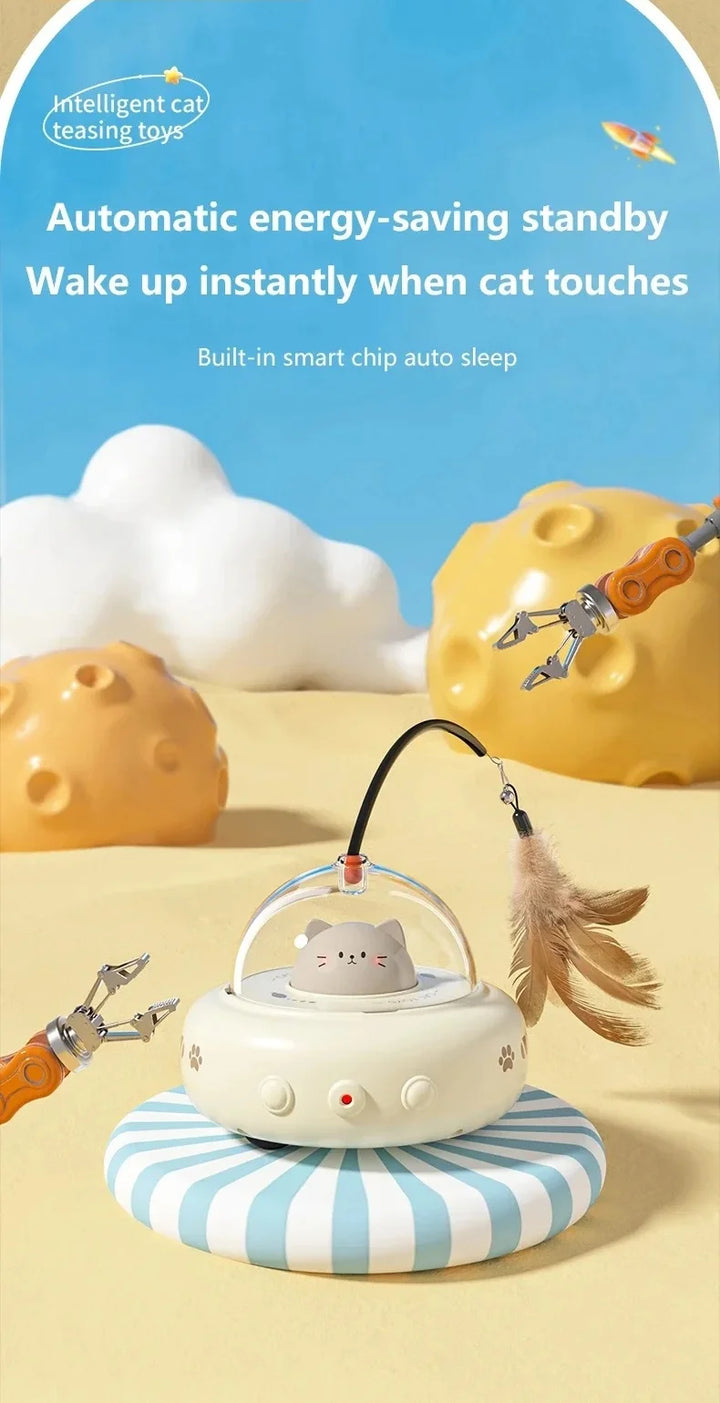 Electric UFO Cat Toy with Bell and Replaceable Feather