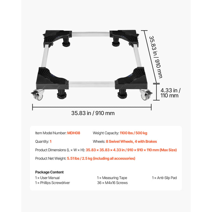 1100 lbs Adjustable Furniture Dolly for Washer and Fridge