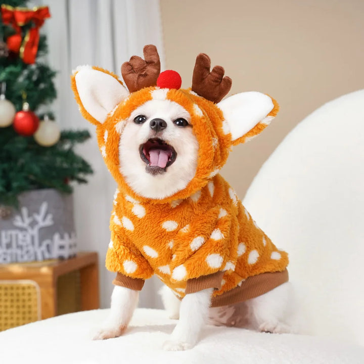 Christmas Reindeer Pet Costume – Cozy Plush Dog & Cat Outfit with Hood | Festive Holiday Costume for Pets