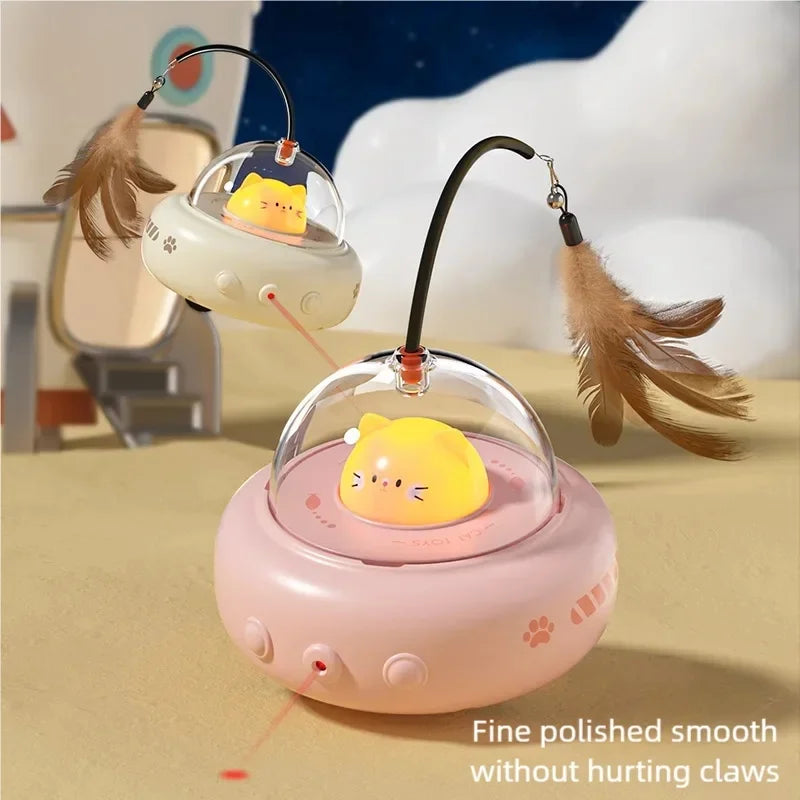 Electric UFO Cat Toy with Bell and Replaceable Feather