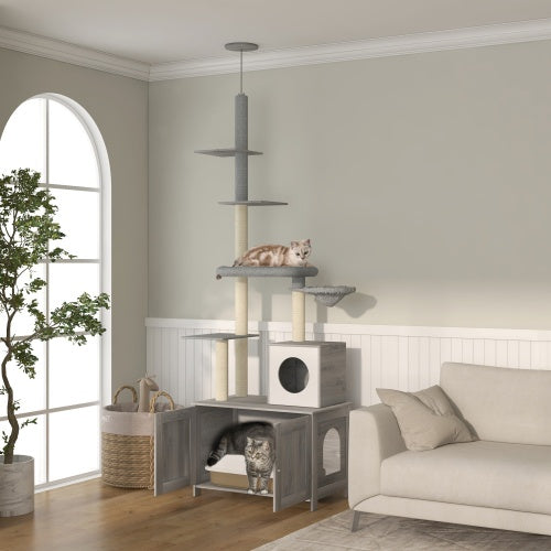 PawHut Cat Tree With Litter Box Enclosure, 2 In 1 Floor To Ceiling Cat Tower Litter Box With Condo, Bed, Hammock, Scratching Posts, And Platforms For Indoor Use, Gray