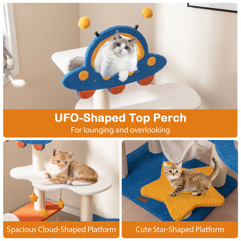 49" Tall Cat Tree Tower with UFO Space Capsule Top Perch & Sisal Scratching Posts – Multi-Level Cat Climbing Activity Center for Indoor Cats