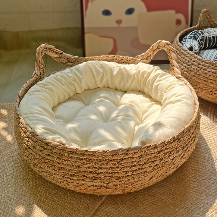 Four-Season Rattan Cat Scratching Board & Bed with Removable Washable Cushion