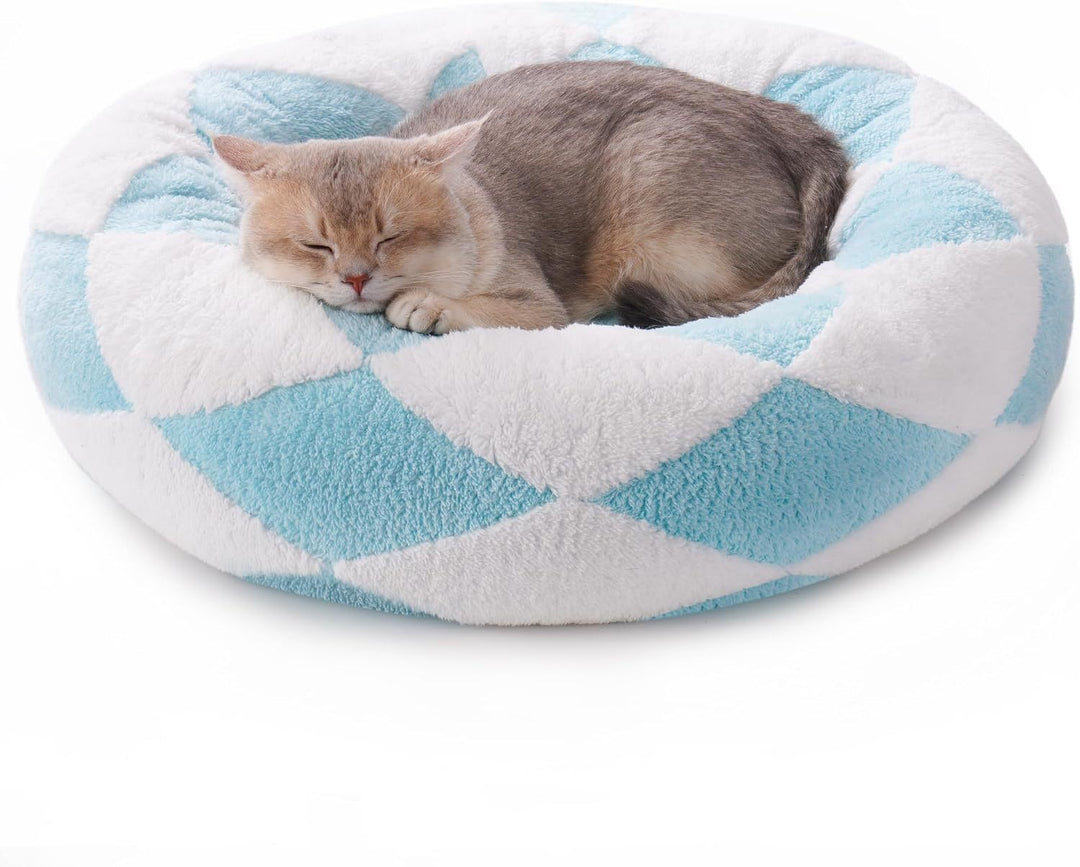 Round Plush Pet Bed – Washable Calming Dog & Cat Bed with Non-Slip Bottom, Soft Puppy & Kitten Cushion, 23 Inch Blue Check