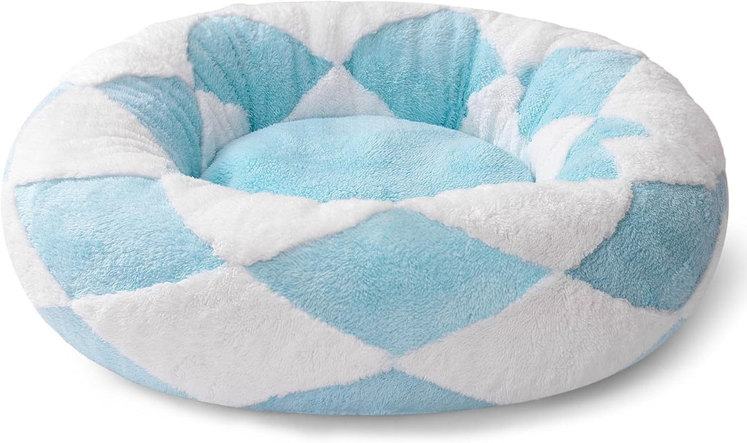 Round Plush Pet Bed – Washable Calming Dog & Cat Bed with Non-Slip Bottom, Soft Puppy & Kitten Cushion, 23 Inch Blue Check