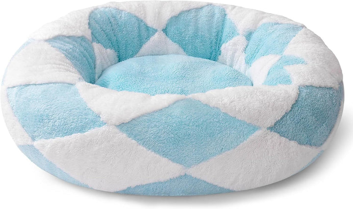 Round Plush Pet Bed – Washable Calming Dog & Cat Bed with Non-Slip Bottom, Soft Puppy & Kitten Cushion, 23 Inch Blue Check