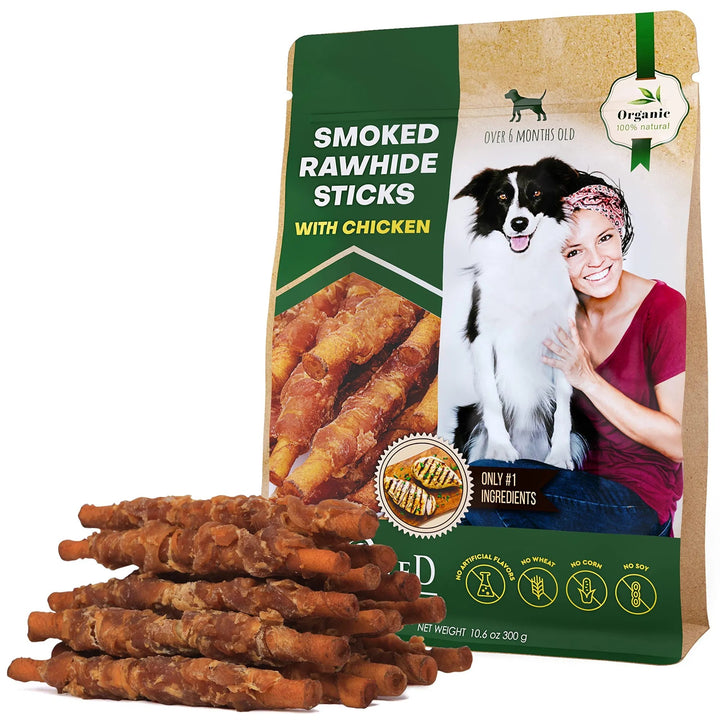 Dog Smoked Rawhide Sticks Wrapped Chicken, Pet Natural Chew Treats Grain Free Organic