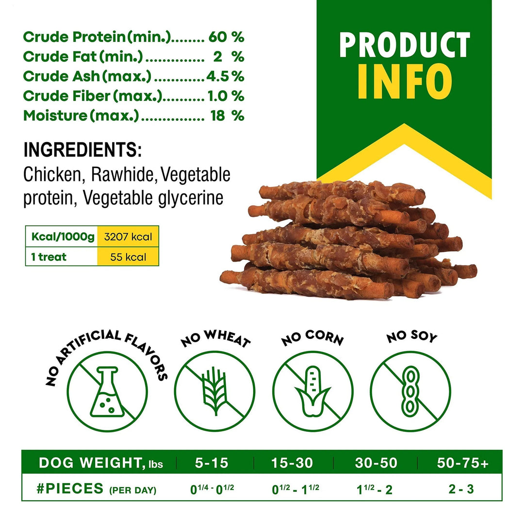 Dog Smoked Rawhide Sticks Wrapped Chicken, Pet Natural Chew Treats Grain Free Organic