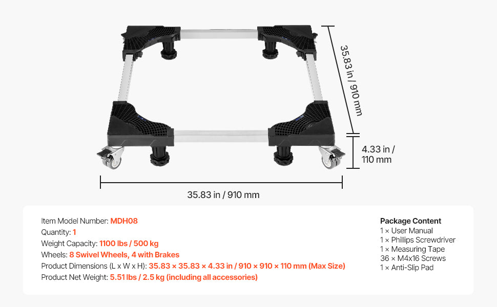 1100 lbs Adjustable Furniture Dolly for Washer and Fridge